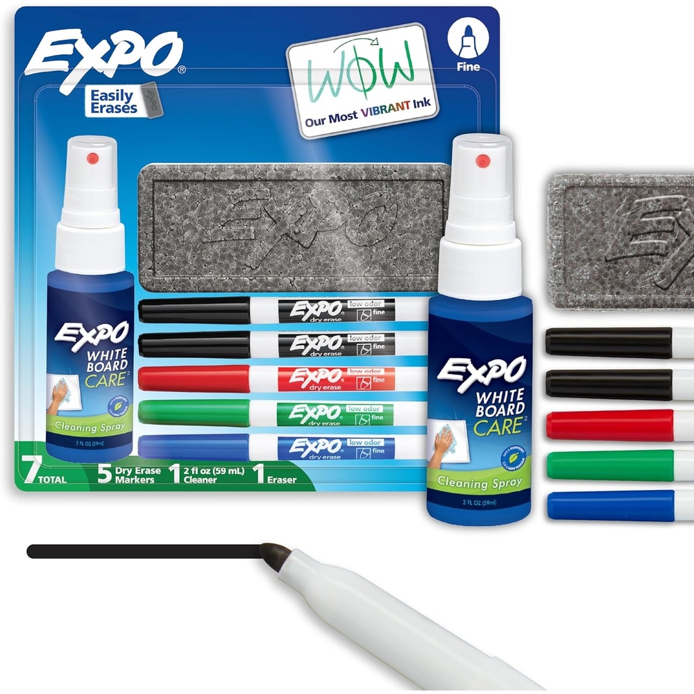 image:imageEXPO Dry Erase Markers Kit Fine Tip Assorted Colors Eraser Spray Cleaner 7 Count