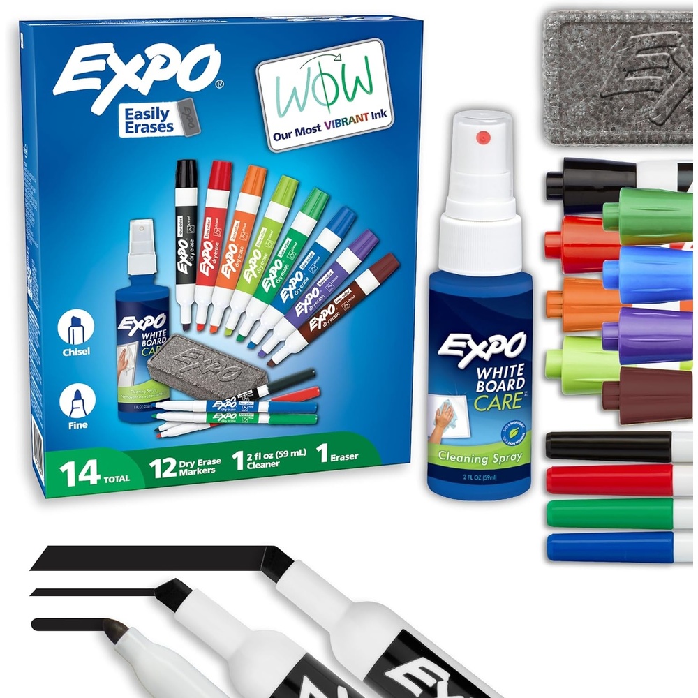 image:imageEXPO Dry Erase Markers Kit Fine and Chisel Tip Markers Assorted Colors Eraser Spray Cleaner 14 CountMarkers