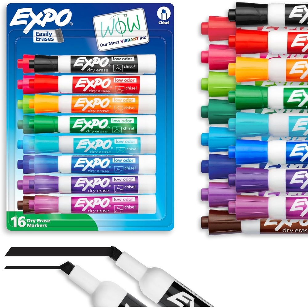 image:imageEXPO Dry Erase Markers Low Odor Ink Assorted Colors Chisel Tip 16 Count Whiteboard Calendar Organization Back to School Teacher Supplies
