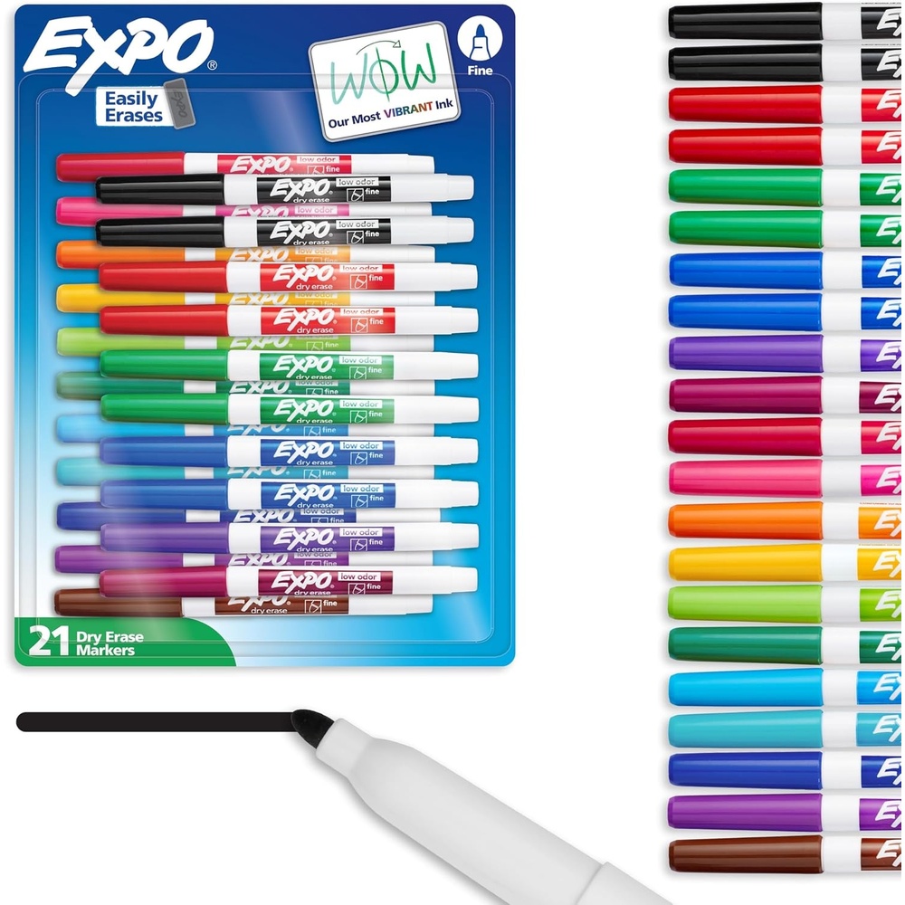 image:imageEXPO Dry Erase Markers Low Odor Ink Assorted Colors Fine Tip 21 Count Whiteboard Essential Supplies for Office School Classroom Teachers