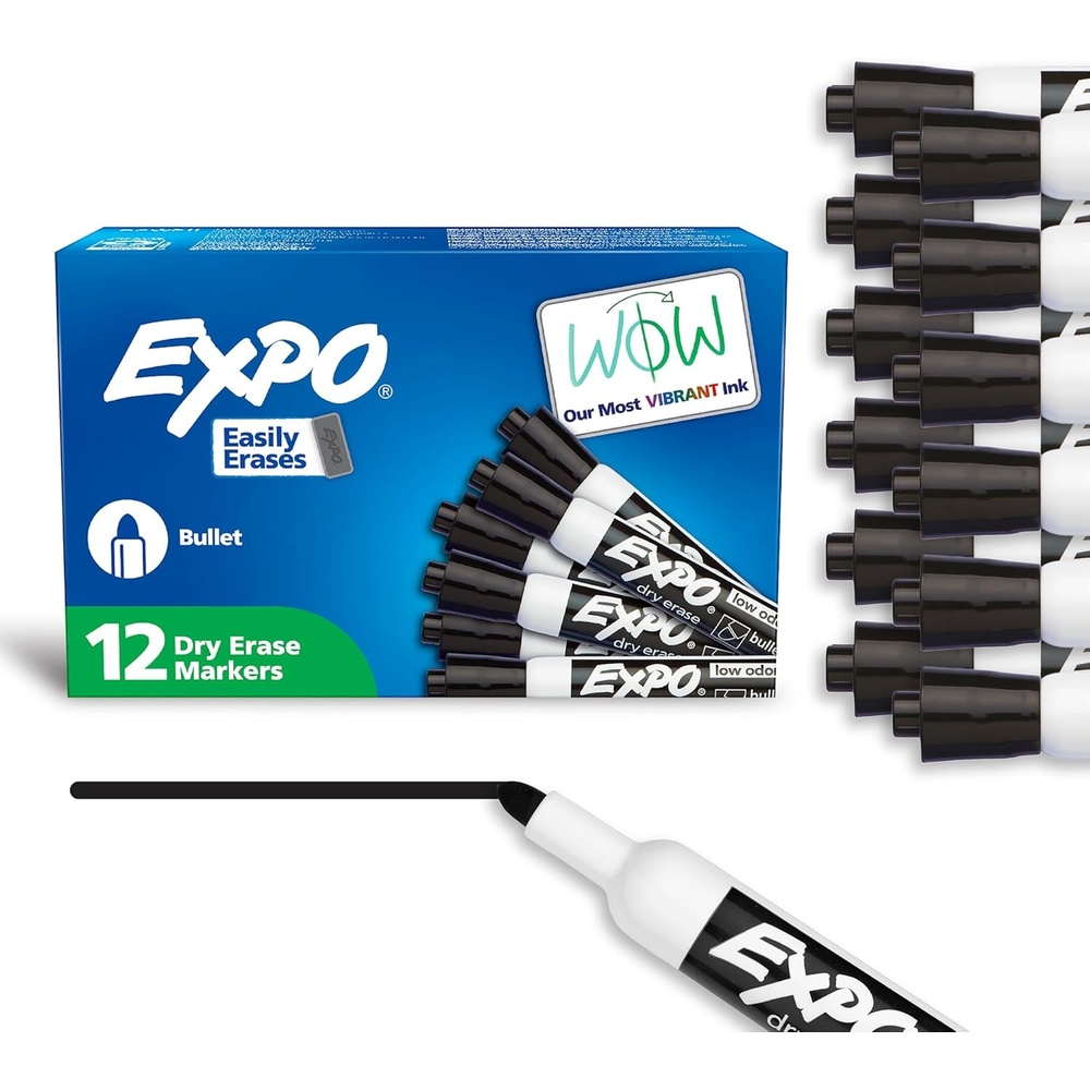 image:imageEXPO Dry Erase Markers Low Odor Ink Black Bullet Tip 12 Count Whiteboard Calendar Organization Essential Supplies for Office School Classroom Teachers
