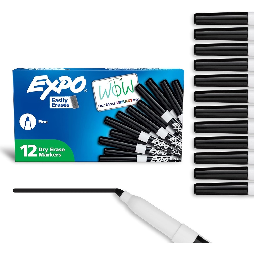 image:imageEXPO Dry Erase Markers Low Odor Ink Black Fine Tip 12 Count Whiteboard Calendar Organization Essential Supplies for Office School Classroom Teachers12