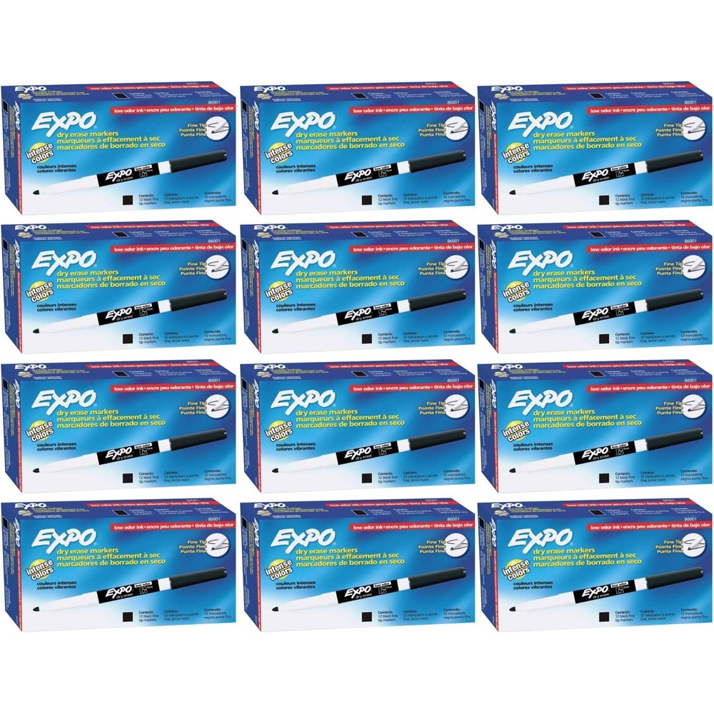 image:imageEXPO Dry Erase Markers Low Odor Ink Black Fine Tip 12 Count Whiteboard Calendar Organization Essential Supplies for Office School Classroom Teachers144