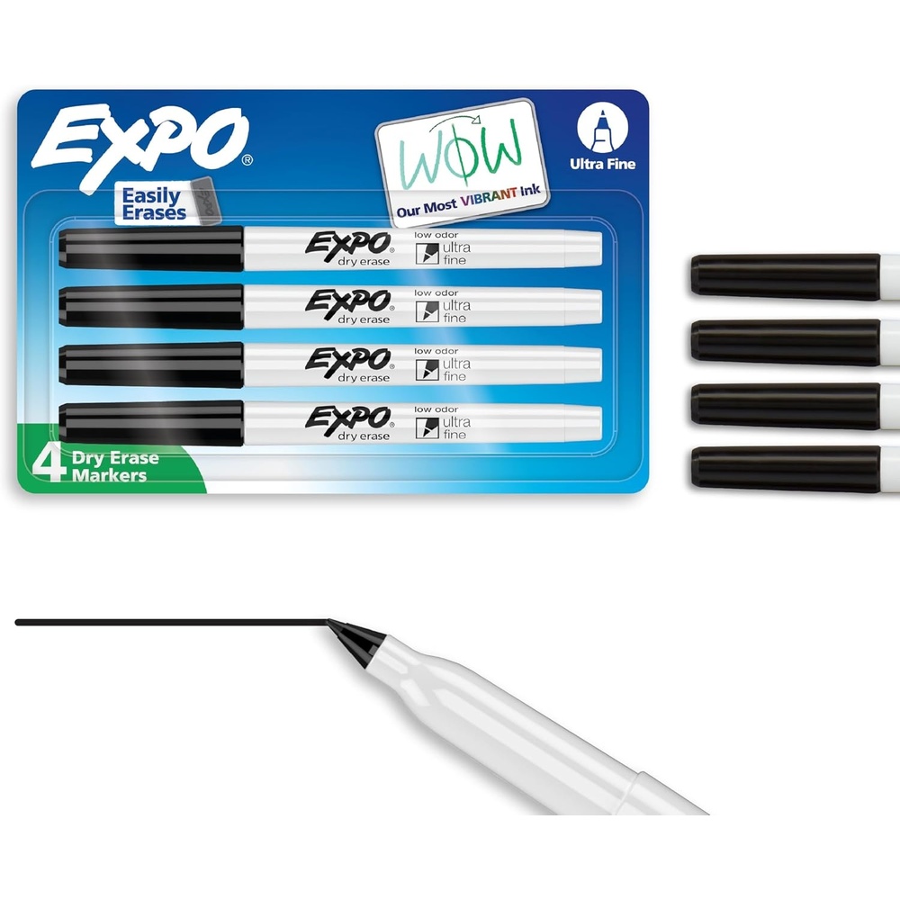 image:imageEXPO Dry Erase Markers Low Odor Ink Black Ultra Fine Tip 4 Count