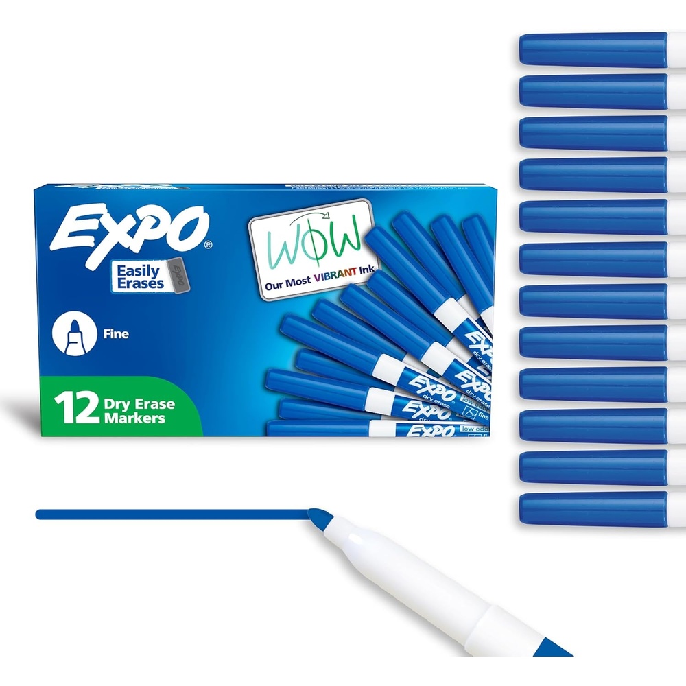 image:imageEXPO Dry Erase Markers Low Odor Ink Blue Fine Tip 12 Count Whiteboard Calendar Organization Essential Supplies for Office School Classroom Teachers