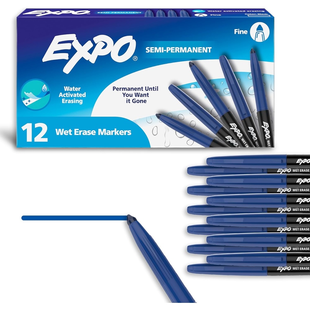 image:imageEXPO Wet Erase Markers SemiPermanent Blue Fine Tip 12 Count  For Writing on Glass Whiteboards Mirrors Calendar Labeling Organizing