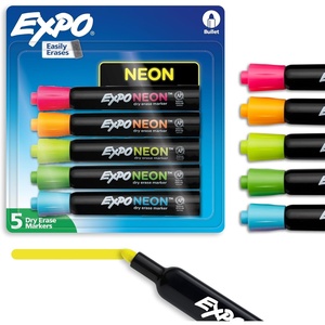EXPO Neon Dry Erase Markers, Assorted, Bullet Tip, 5 Count – Fun, Vibrant Colors for Whiteboard, Glass, Acrylic, Home Organization(5 Count (Pack of 1))
