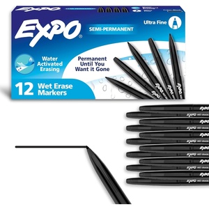 EXPO Wet Erase Markers, Semi-Permanent, Black, Ultra Fine Tip, 12 Count – For Writing on Glass, Whiteboards, Mirrors, Calendar, Labeling, Organizing