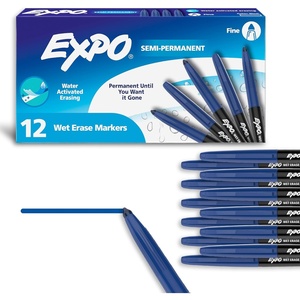 EXPO Wet Erase Markers, Semi-Permanent, Blue, Fine Tip, 12 Count – For Writing on Glass, Whiteboards, Mirrors, Calendar, Labeling, Organizing