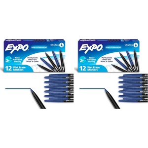 EXPO Wet Erase Markers, Semi-Permanent, Blue, Ultra Fine Tip, 12 Count – For Writing on Glass, Whiteboards, Mirrors, Calendar, Labeling, Organizing(12 Count (Pack of 2))