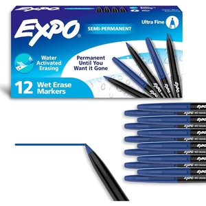 EXPO Wet Erase Markers, Semi-Permanent, Blue, Ultra Fine Tip, 12 Count – For Writing on Glass, Whiteboards, Mirrors, Calendar, Labeling, Organizing(12 Count (Pack of 1))